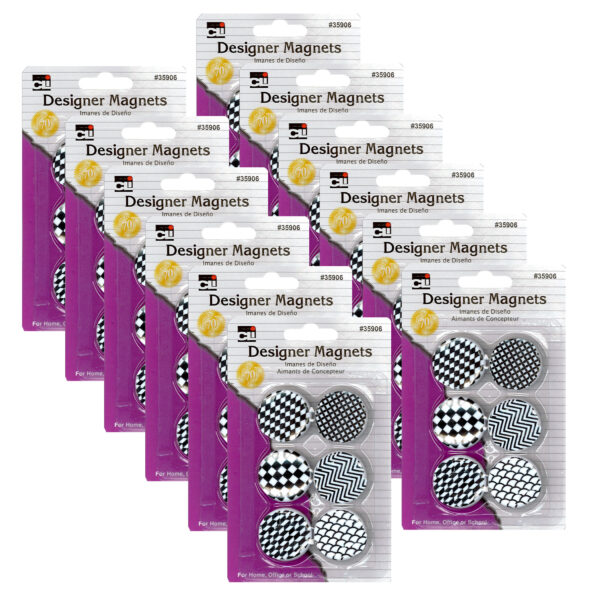 ERSCHL35906-12.jpg Designer Button Style Magnets, Super Strong - Assorted Black & White Designs, 6 Per Pack, 12 Packs