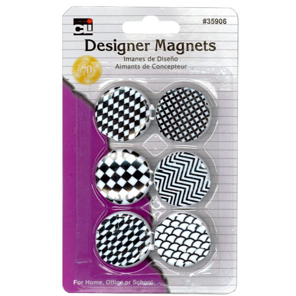 ERSCHL35906-12_1.jpg Designer Button Style Magnets, Super Strong - Assorted Black & White Designs, 6 Per Pack, 12 Packs