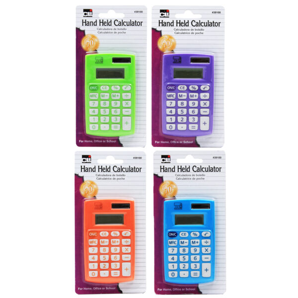 ERSCHL39100ST_1.jpg Calculator, Hand Held, 8 Digit, Assorted Colors, Pack of 12, Carded