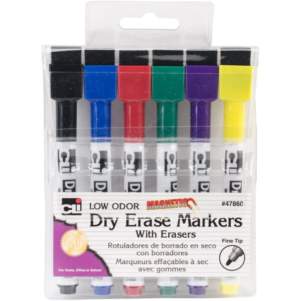 Magnetic Dry Erase Markers with Erasers, 6 Per Pack, 6 Packs