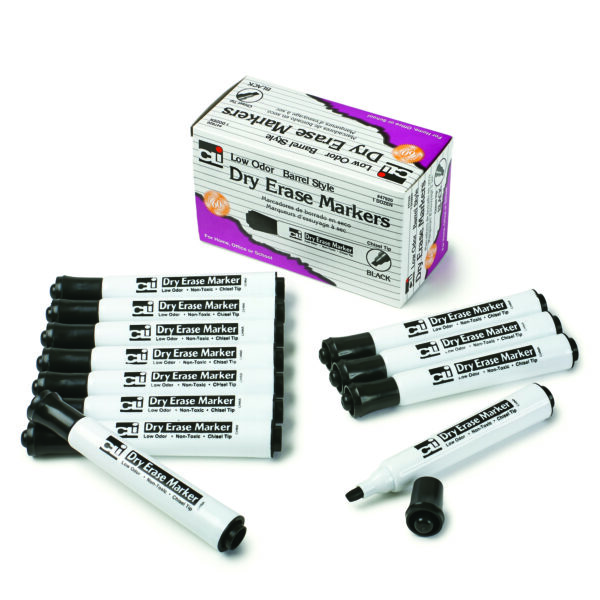 Dry Erase Markers, Barrel Style, Chisel Tip, Black, 12 Per Pack, 3 Packs