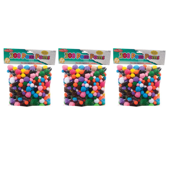 Creative Arts Pom-Poms, Assorted Colors-Sizes, 300 Per Pack, 3 Packs