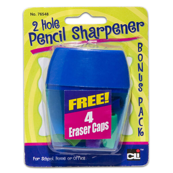 Two-Hole Pencil Sharpener w-Catcher, Bonus Erasers, Assorted Colors, Set of 12