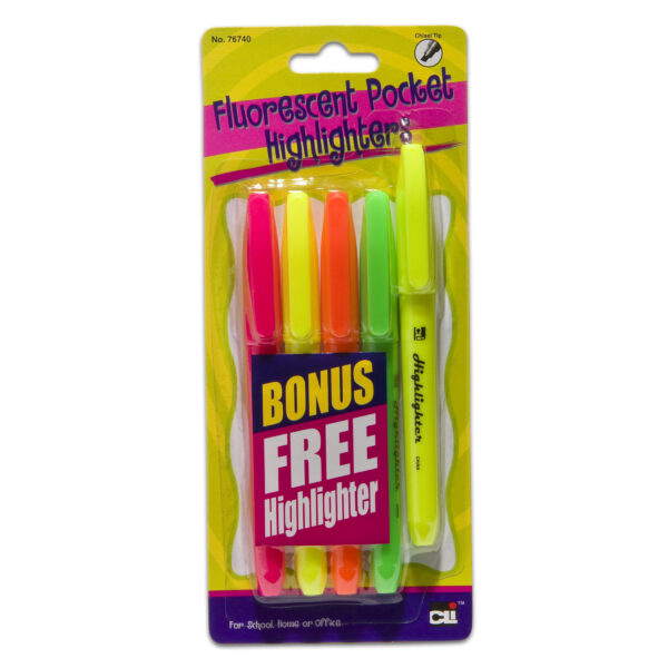 Fluorescent Pocket Highlighters, Assorted Colors, 5 Per Pack, 12 Packs