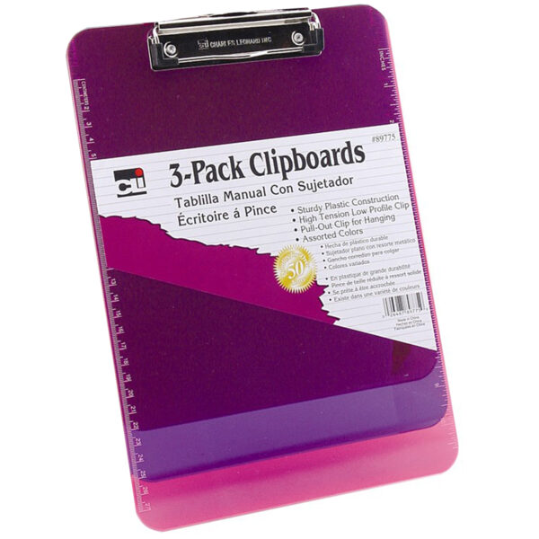 Plastic Clipboard w-Low Profile Clip, Letter, Assorted Translucent Neon Colors, Pack of 3