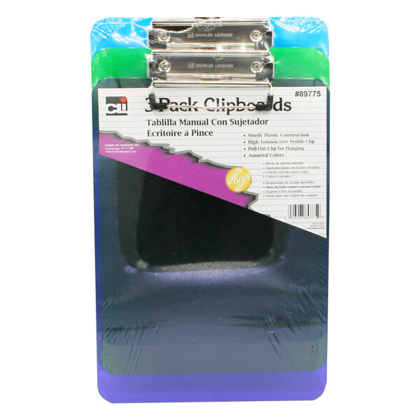 Plastic Clipboard w-Low Profile Clip, Letter, Assorted Translucent Neon Colors, Pack of 3