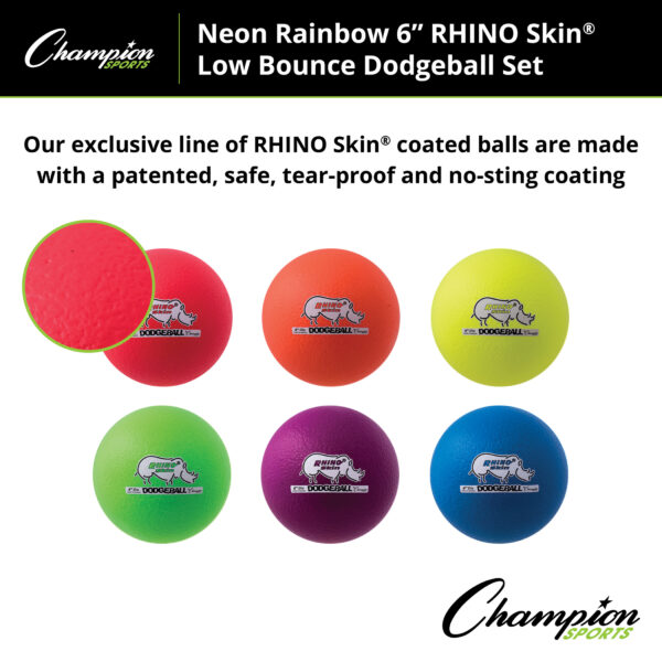 Rhino Skin 6-Inch Low Bounce Dodgeball Set, Assorted Neon Colors, Set of 6