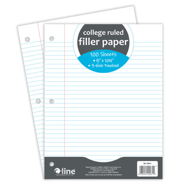 Filler Paper, College Ruled, 8" x 10-1-2", White, 100 Sheets Per Pack, 12 Packs