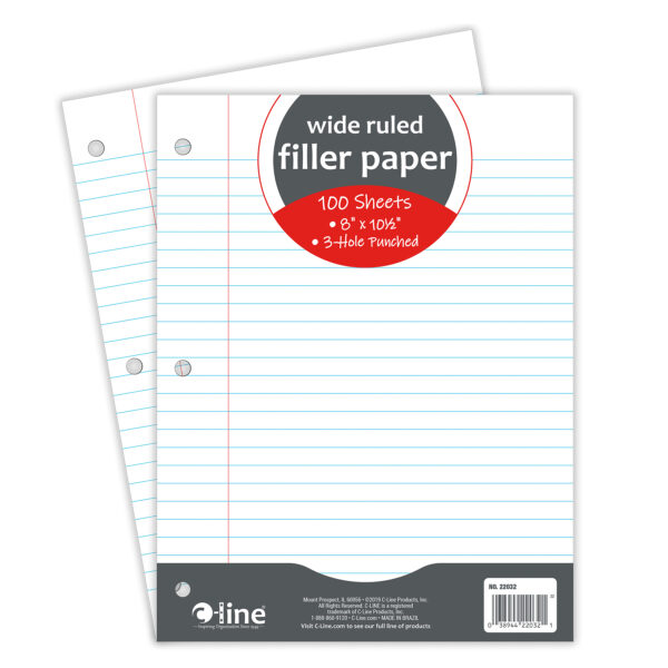 Filler Paper, Wide Ruled, 8" x 10-1-2", White, 100 Sheets Per Pack, 12 Packs