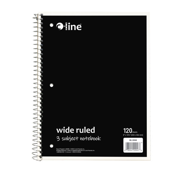 3-Subject Notebook, Wide Ruled, 120 Sheets, Assorted Colors, Pack of 3