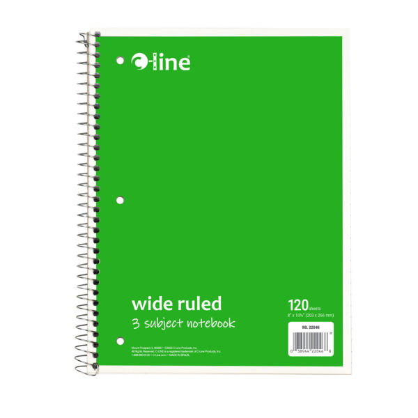 3-Subject Notebook, Wide Ruled, 120 Sheets, Assorted Colors, Pack of 3