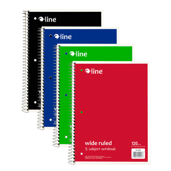 3-Subject Notebook, Wide Ruled, 120 Sheets, Assorted Colors, Pack of 3