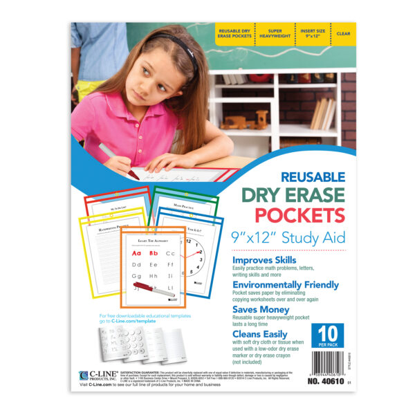 Reusable Dry Erase Pockets, Primary Colors, 9 x 12, Pack of 10