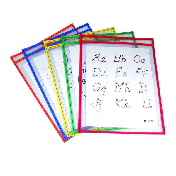 Reusable Dry Erase Pockets, Primary Colors, 9" x 12", 5 Per Pack, 2 Packs