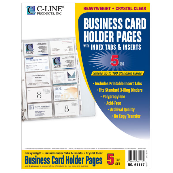 Business Card Holder, Poly with Tabs, Holds 20 Cards-Page, 11" x 8-1-2", 5 Per Pack, 5 Packs