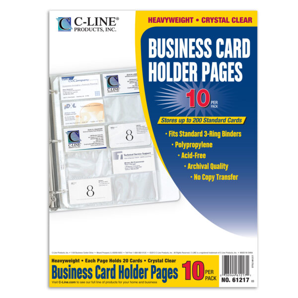 Business Card Holder, Poly without Tabs, Holds 20 Cards-Page, 11-1-4" x 8-1-8", 10 Per Pack, 10 Packs