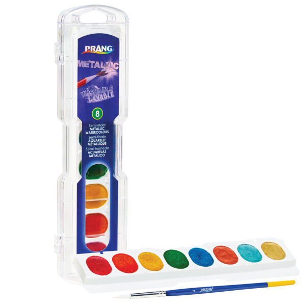 Washable Watercolors Set, 8 Assorted Metallic Colors w-Brush, Pack of 6
