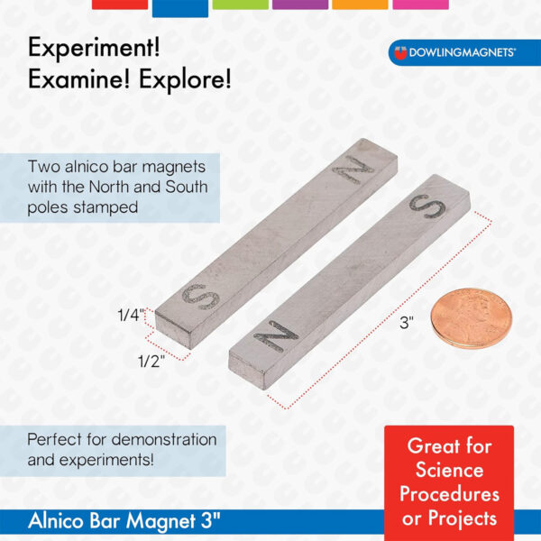 Alnico Bar Magnets, 3", N-S Stamped, 2 Per Pack, 2 Packs