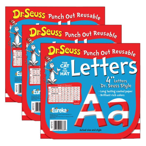 Print Dr. Seuss Stripes Reusable Punch Out Deco Letters, 4", 217 Pieces Per Pack, 3 Packs