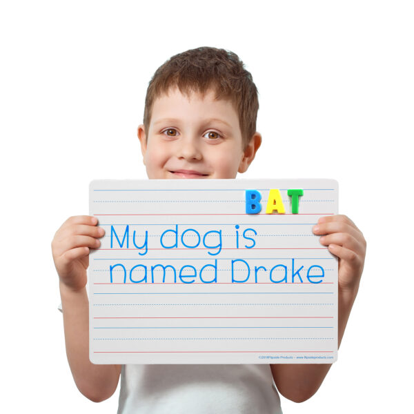Little boy holds blank paper sheet, blue background Two-Sided Magnetic Dry Erase Board, 9" x 12", Ruled, Pack of 24