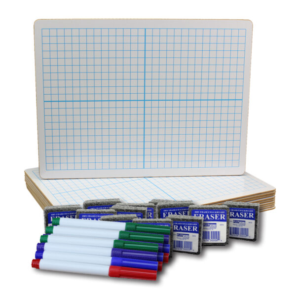 ERSFLP19100.jpg Two-Sided Dry Erase Boards, XY Axis-Plain, 9" x 12", with Colored Pens & Erasers, Class Pack of 12