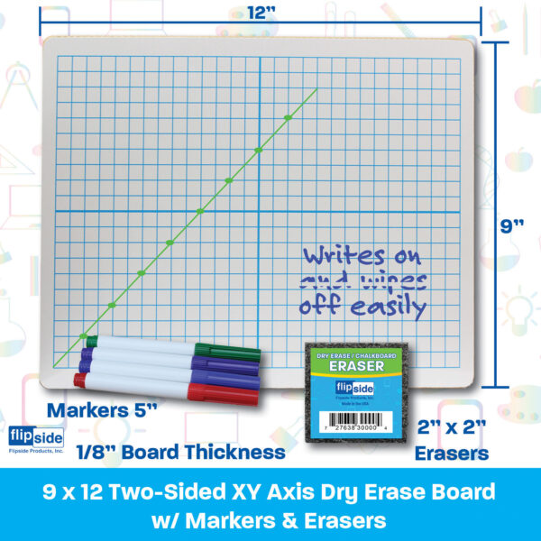 ERSFLP19100_2.jpg Two-Sided Dry Erase Boards, XY Axis-Plain, 9" x 12", with Colored Pens & Erasers, Class Pack of 12