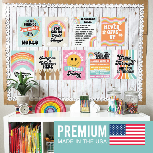 Rainbow you can do hard things 1 Retro Growth Mindset Classroom Decor Posters, Set of 9