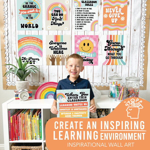 groovy classroom decor color posters for classroom inspirational Retro Growth Mindset Classroom Decor Posters, Set of 9