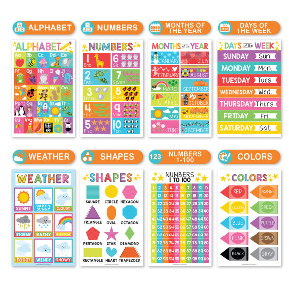 rainbow toddler learning posters 1-3 1 Colorful Preschool Educational Laminated Posters For Toddlers, Set of 16