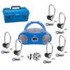 6-Station Listening Center with AudioAce Bluetooth Boombox, 6 SchoolMate Personal-Sized Headphones, Jackbox & Carry Case