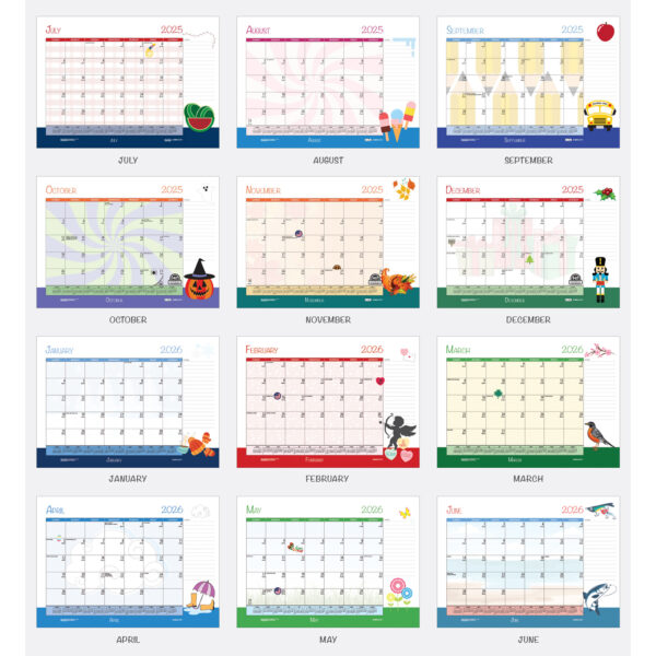 Monthly Academic Deskpad Calendar, Seasonal Holiday Depictions, 12 Months July-June, 22" x 17"