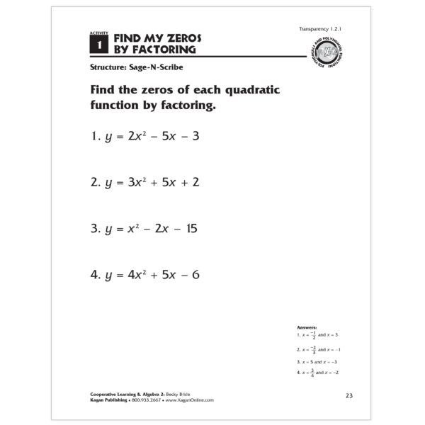 Cooperative Learning & Algebra 2 Secondary Activities Book, Grade 9-12