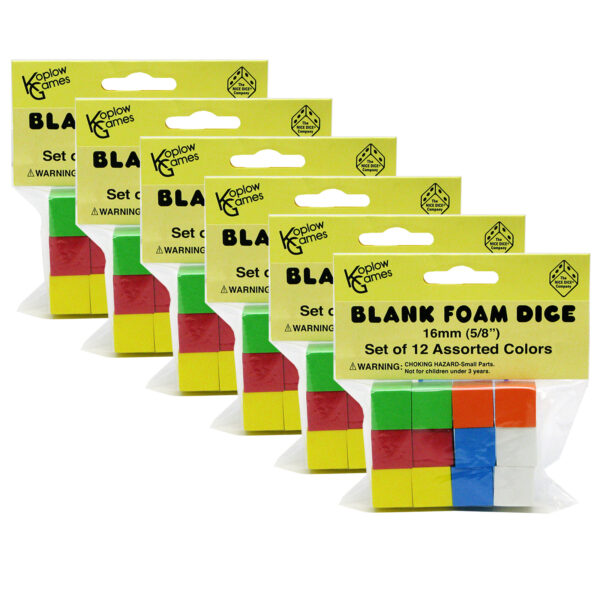 17416, 17335 Assorted Color Blank 16mm Foam Dice, 12 Per Pack, 6 Packs