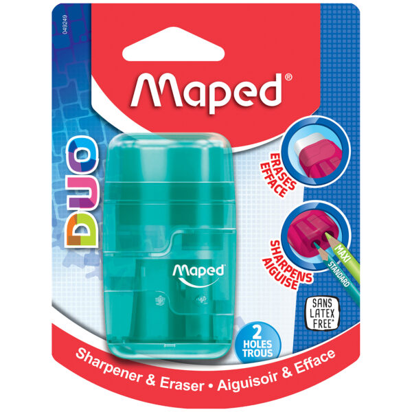 Connect DUO 2 Hole Sharpener - Eraser Combo, Assorted Colors, Pack of 12