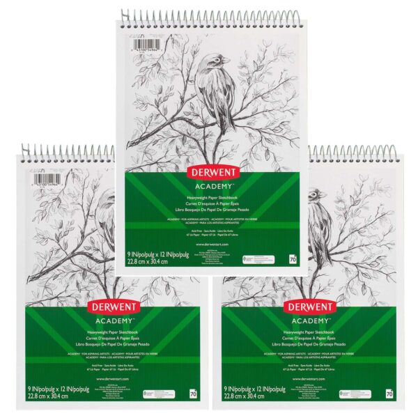 Derwent Academy Wirebound Sketchbook, 9" x 12", 70 Sheets, Pack of 3