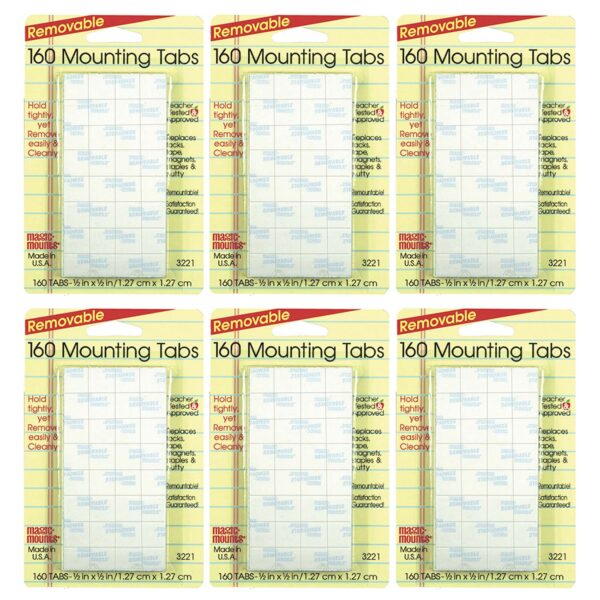 Removable Mounting Tabs, 1-2" x 1-2", 160 Per Pack, 6 Packs