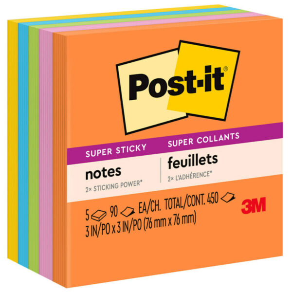 Super Sticky Notes, 3 in x 3 in, Energy Boost Collection, 5 Pads-Pack, 2 Packs
