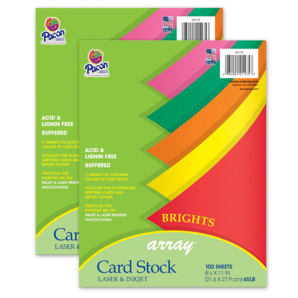 BrightsCardFin Bright Card Stock, 5 Assorted Colors, 8-1-2" x 11", 100 Sheets Per Pack, 2 Packs