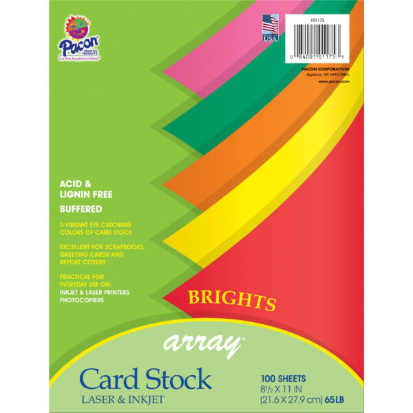 BrightsCardFin Bright Card Stock, 5 Assorted Colors, 8-1-2" x 11", 100 Sheets Per Pack, 2 Packs