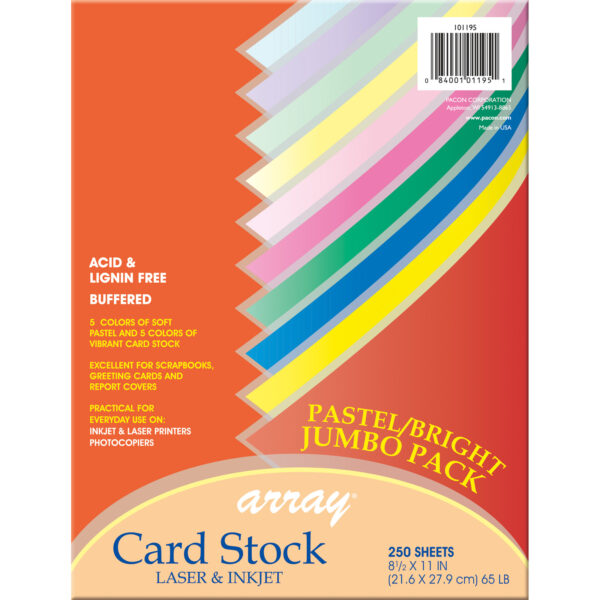 101195PastelBrightCard Pastel & Bright Card Stock Assortment, 10 Colors, 8-1-2" x 11", 250 Sheets