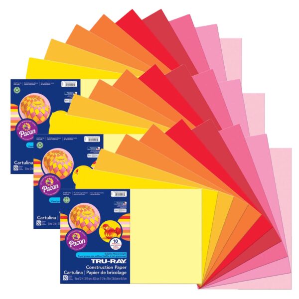 Construction Paper, Heavyweight, Warm Assorted, 12" x 18", 50 Sheets Per Pack, 3 Packs