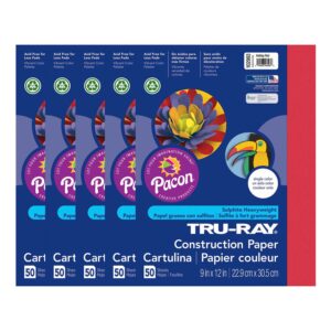 Construction Paper, Heavyweight, Holiday Red, 9" x 12", 50 Sheets Per Pack, 5 Packs