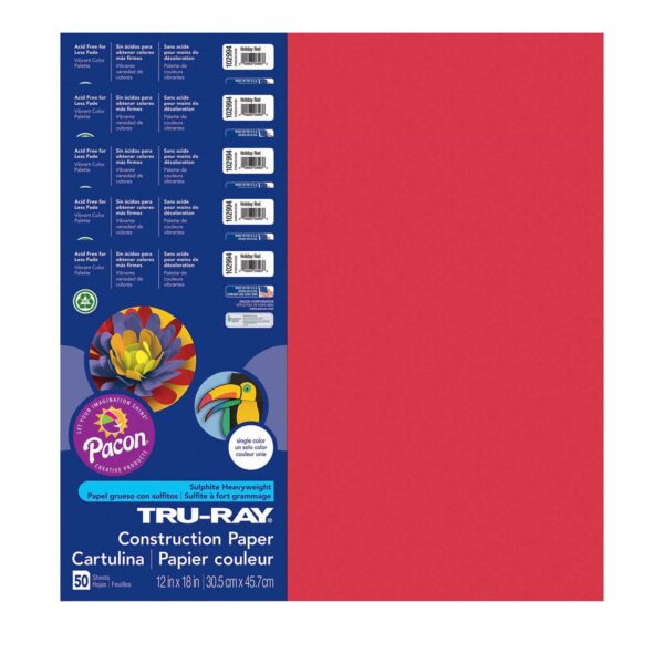 Construction Paper, Heavyweight, Holiday Red, 12" x 18", 50 Sheets Per Pack, 5 Packs