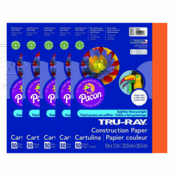 Construction Paper, Heavyweight, Orange, 9" x 12", 50 Sheets Per Pack, 5 Packs
