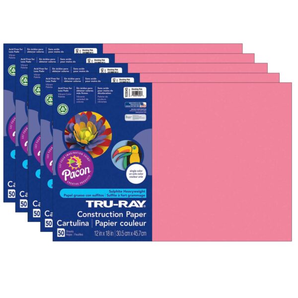 Construction Paper, Heavyweight, Shocking Pink, 12" x 18", 50 Sheets Per Pack, 5 Packs