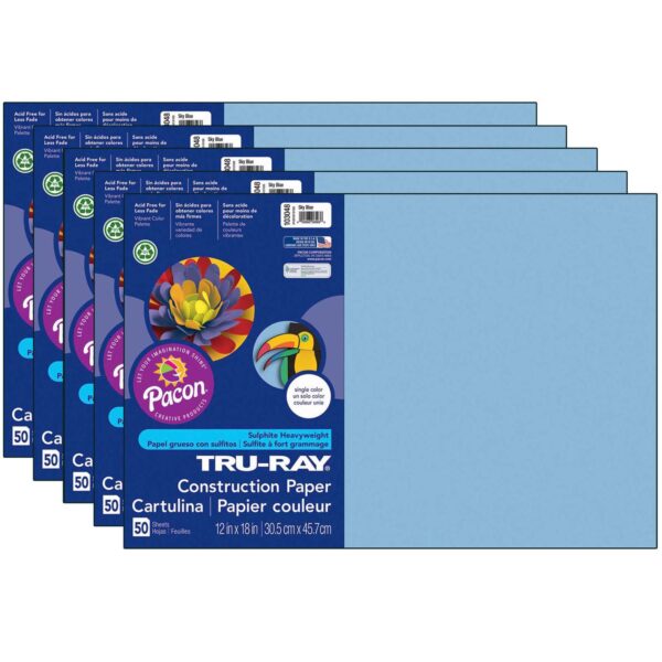 Construction Paper, Heavyweight, Sky Blue, 12" x 18", 50 Sheets Per Pack, 5 Packs
