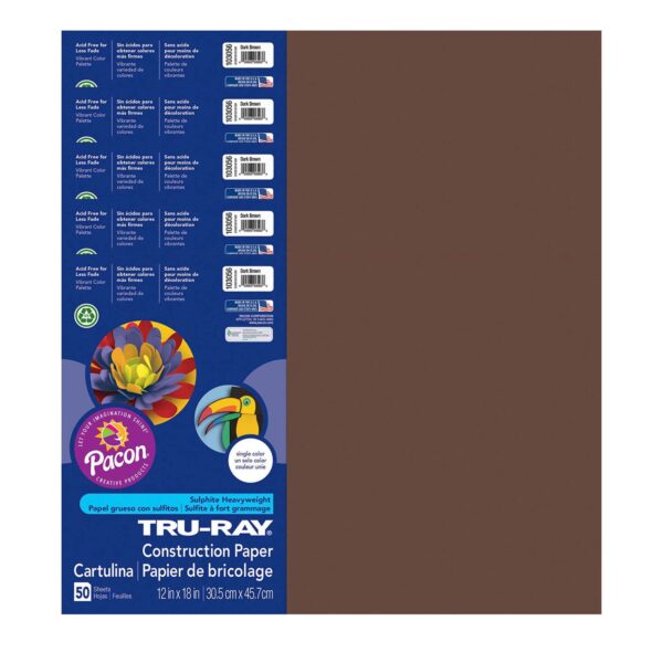 Construction Paper, Heavyweight, Dark Brown, 12" x 18", 50 Sheets Per Pack, 5 Packs