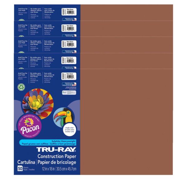 Construction Paper, Heavyweight, Warm Brown, 12" x 18", 50 Sheets Per Pack, 5 Packs