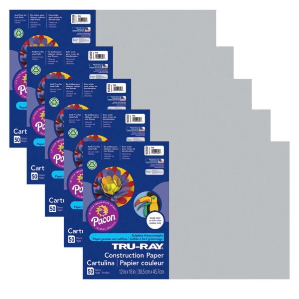 Construction Paper, Heavyweight, Gray, 12" x 18", 50 Sheets Per Pack, 5 Packs