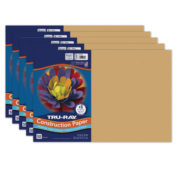 Construction Paper, Heavyweight, Almond, 12" x 18", 50 Sheets Per Pack, 5 Packs